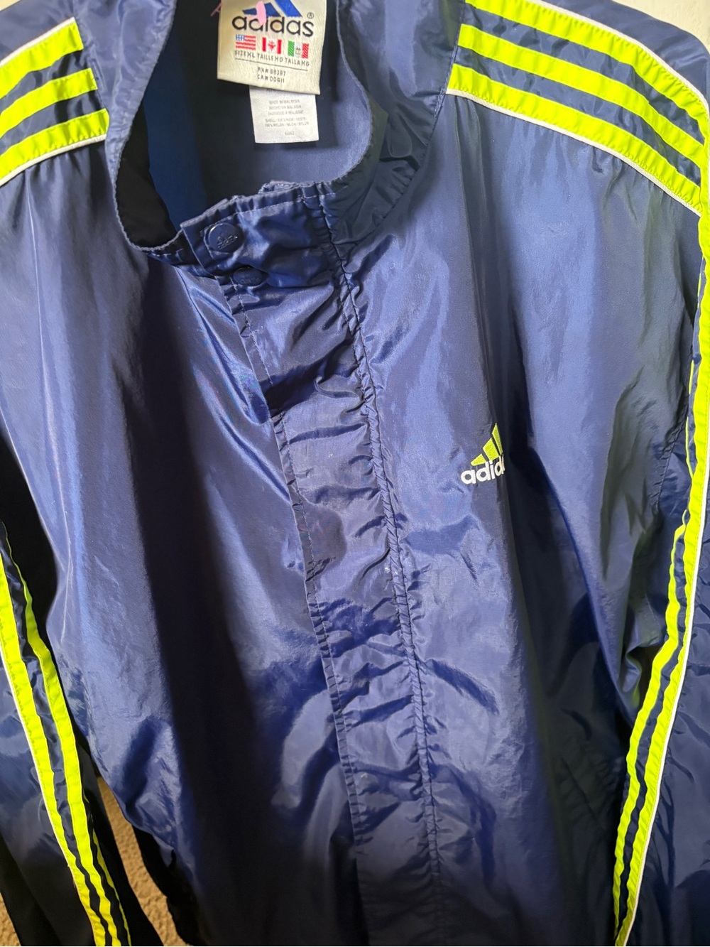 adidas Men's Navy Windbreaker with Neon Yellow Stripes